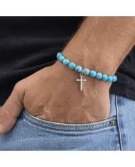 Arizona Turquoise 8mm Bead Bracelet - 925 Sterling Silver Cross Charm