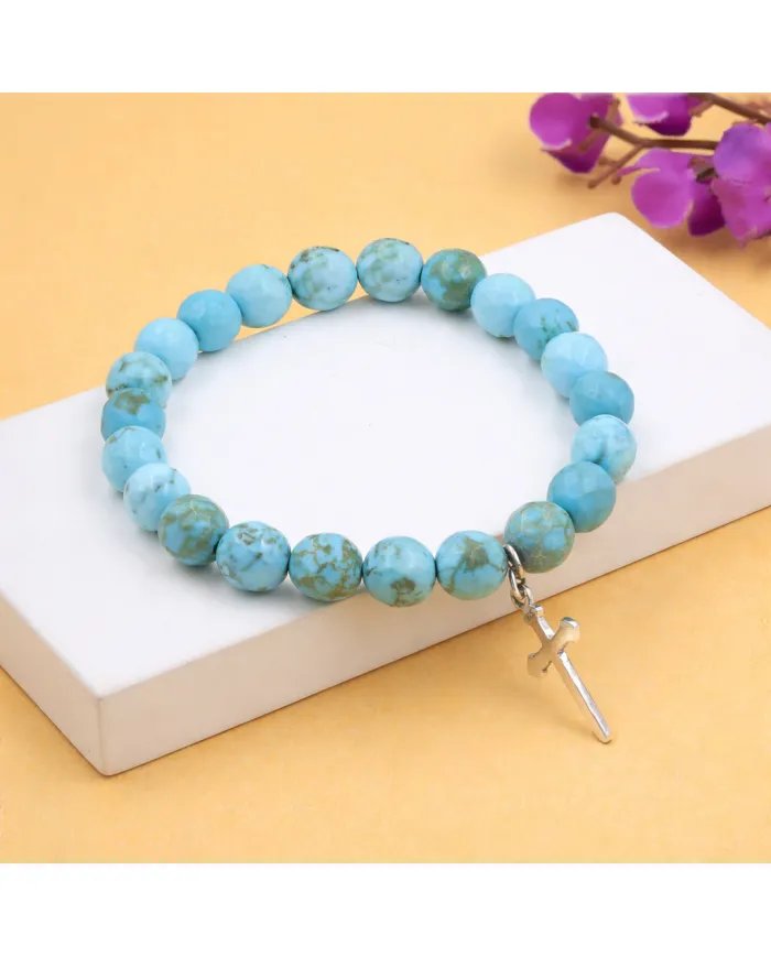 Arizona Turquoise 8mm Bead Bracelet - 925 Sterling Silver Cross Charm