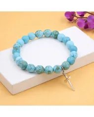 Arizona Turquoise 8mm Bead Bracelet - 925 Sterling Silver Cross Charm