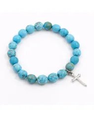 Arizona Turquoise 8mm Bead Bracelet - 925 Sterling Silver Cross Charm