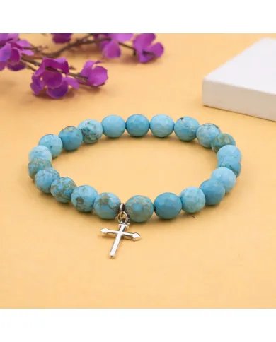 Arizona Turquoise 8mm Bead Bracelet - 925 Sterling Silver Cross Charm