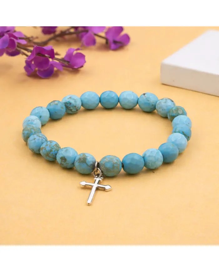 Arizona Turquoise 8mm Bead Bracelet - 925 Sterling Silver Cross Charm