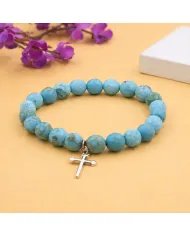 Arizona Turquoise 8mm Bead Bracelet - 925 Sterling Silver Cross Charm