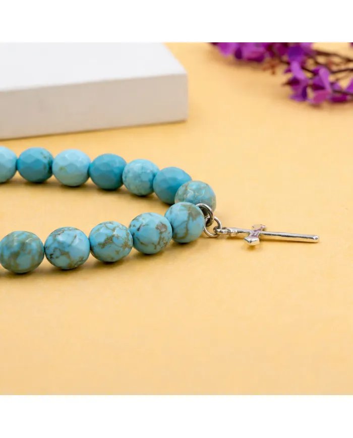Arizona Turquoise 8mm Bead Bracelet - 925 Sterling Silver Cross Charm