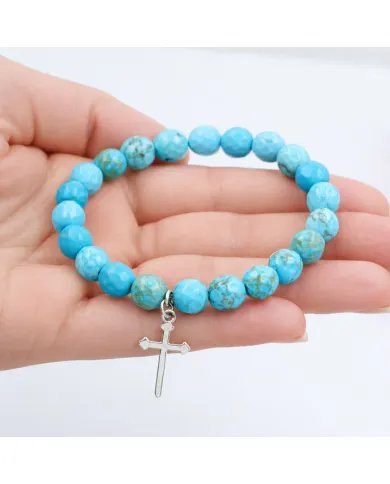 Arizona Turquoise 8mm Bead Bracelet - 925 Sterling Silver Cross Charm