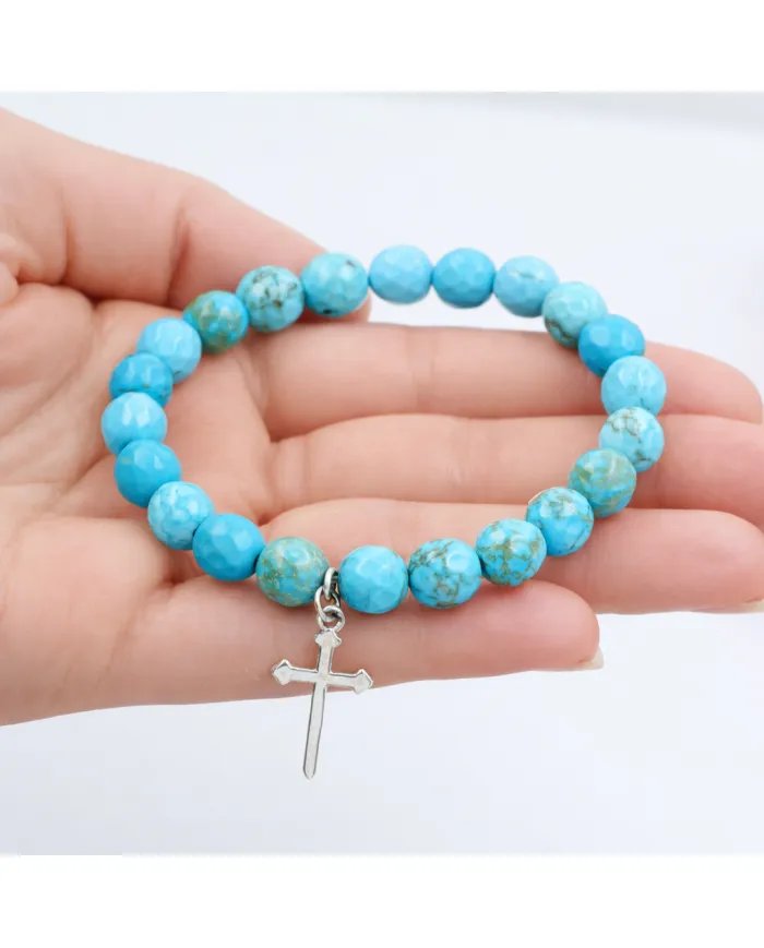 Arizona Turquoise 8mm Bead Bracelet - 925 Sterling Silver Cross Charm