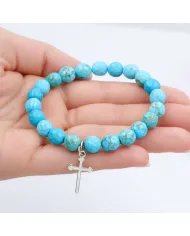 Arizona Turquoise 8mm Bead Bracelet - 925 Sterling Silver Cross Charm