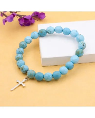 Arizona Turquoise 8mm Bead Bracelet - 925 Sterling Silver Cross Charm