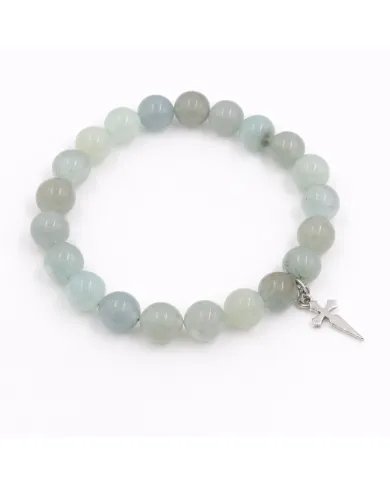 Aquamarine 8mm Bead Bracelet – 925 Sterling Silver Handmade Cross Charm
