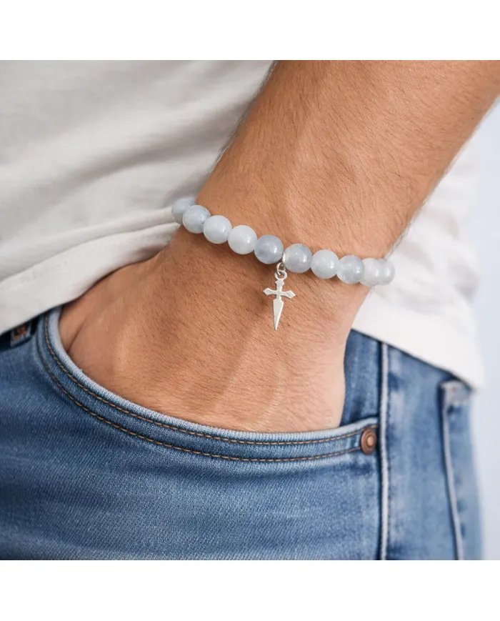 Aquamarine 8mm Bead Bracelet – 925 Sterling Silver Handmade Cross Charm