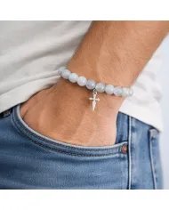 Aquamarine 8mm Bead Bracelet – 925 Sterling Silver Handmade Cross Charm