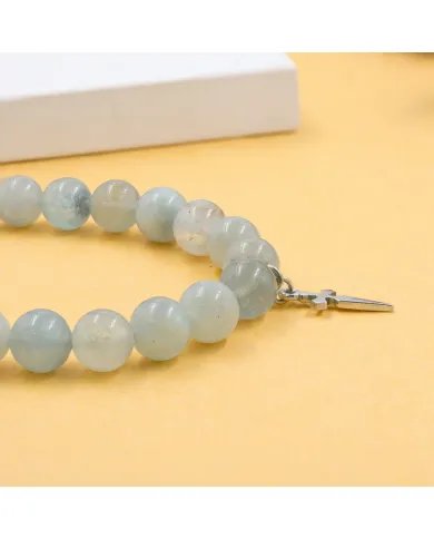 Aquamarine 8mm Bead Bracelet – 925 Sterling Silver Handmade Cross Charm