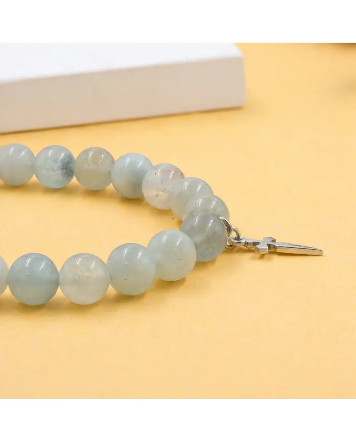 Aquamarine 8mm Bead Bracelet – 925 Sterling Silver Handmade Cross Charm