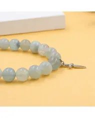 Aquamarine 8mm Bead Bracelet – 925 Sterling Silver Handmade Cross Charm