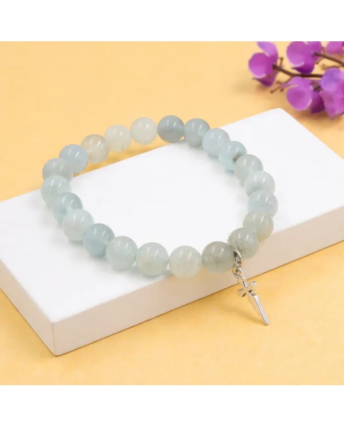 Aquamarine 8mm Bead Bracelet – 925 Sterling Silver Handmade Cross Charm