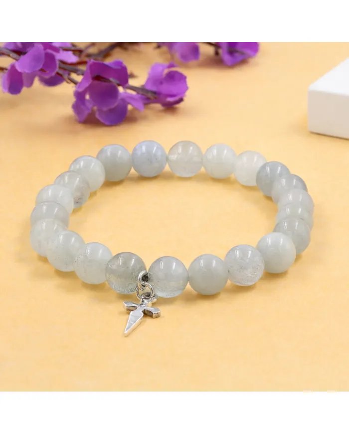 Aquamarine 8mm Bead Bracelet – 925 Sterling Silver Handmade Cross Charm