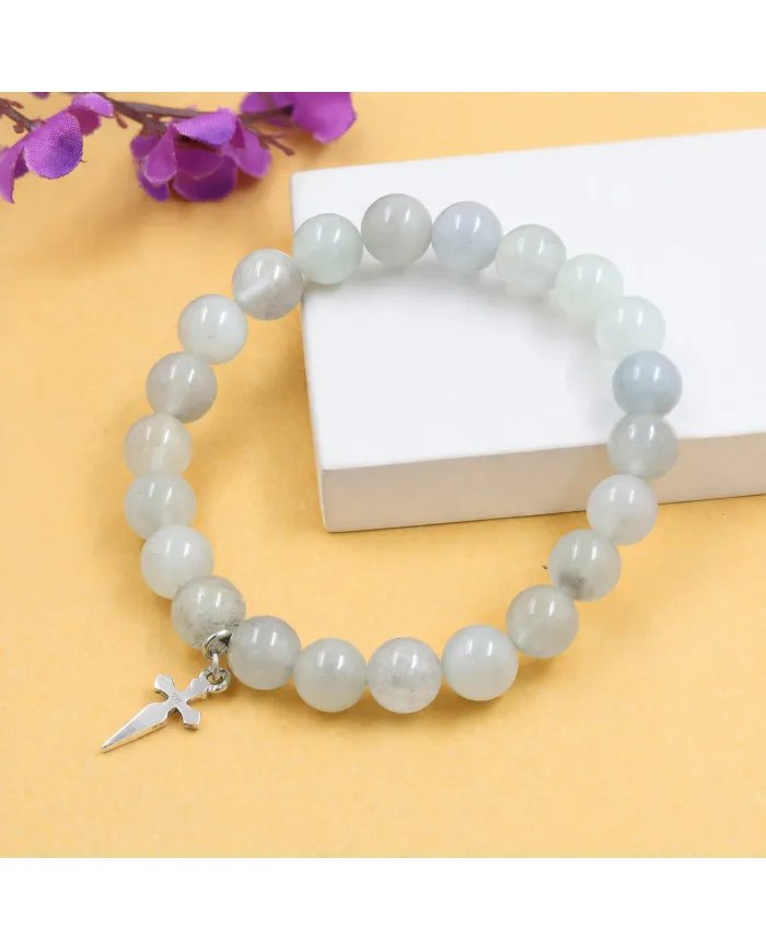 Aquamarine 8mm Bead Bracelet – 925 Sterling Silver Handmade Cross Charm
