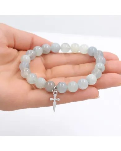 Aquamarine 8mm Bead Bracelet – 925 Sterling Silver Handmade Cross Charm