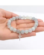 Aquamarine 8mm Bead Bracelet – 925 Sterling Silver Handmade Cross Charm