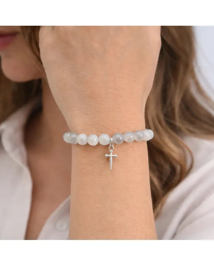 Aquamarine 8mm Bead Bracelet – 925 Sterling Silver Handmade Cross Charm