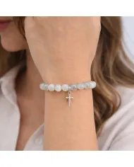 Aquamarine 8mm Bead Bracelet – 925 Sterling Silver Handmade Cross Charm