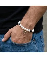 Pearl & Black Onyx Beaded Bracelet, Silver Star Charm – Unisex Gift