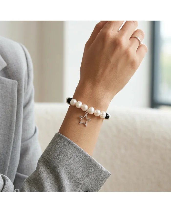 Pearl & Black Onyx Beaded Bracelet, Silver Star Charm – Unisex Gift