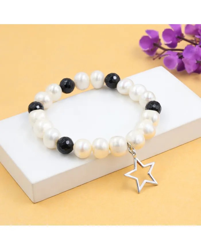 Pearl & Black Onyx Beaded Bracelet, Silver Star Charm – Unisex Gift