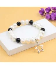 Pearl & Black Onyx Beaded Bracelet, Silver Star Charm – Unisex Gift