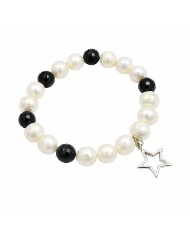 Pearl & Black Onyx Beaded Bracelet, Silver Star Charm – Unisex Gift