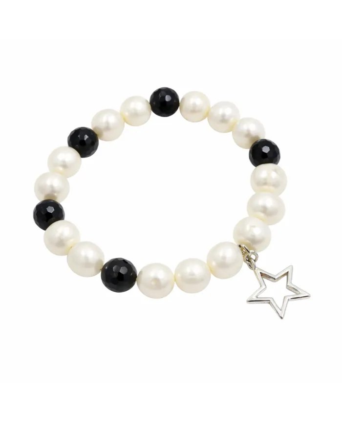 Pearl & Black Onyx Beaded Bracelet, Silver Star Charm – Unisex Gift