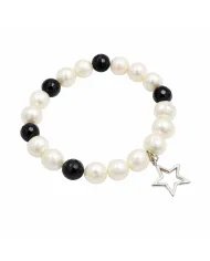 Pearl & Black Onyx Beaded Bracelet, Silver Star Charm – Unisex Gift