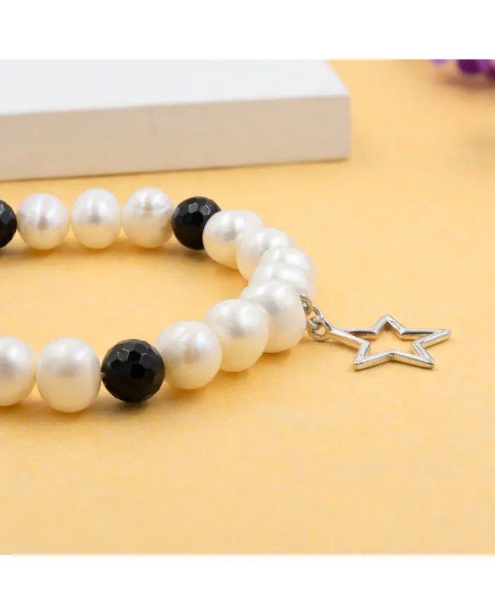 Pearl & Black Onyx Beaded Bracelet, Silver Star Charm – Unisex Gift