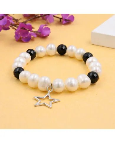Pearl & Black Onyx Beaded Bracelet, Silver Star Charm – Unisex Gift