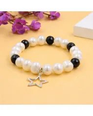 Pearl & Black Onyx Beaded Bracelet, Silver Star Charm – Unisex Gift