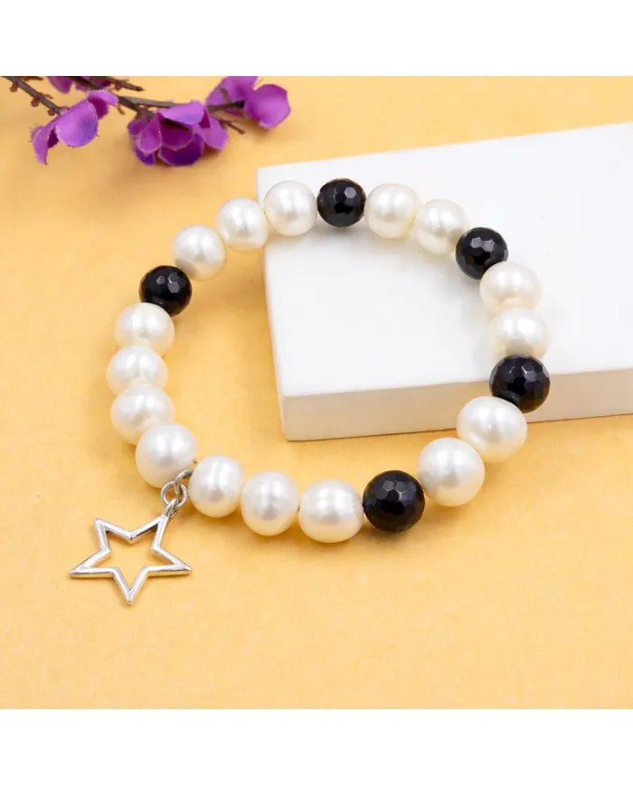 Pearl & Black Onyx Beaded Bracelet, Silver Star Charm – Unisex Gift