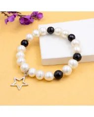 Pearl & Black Onyx Beaded Bracelet, Silver Star Charm – Unisex Gift