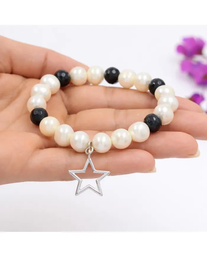 Pearl & Black Onyx Beaded Bracelet, Silver Star Charm – Unisex Gift