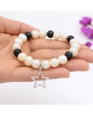 Pearl & Black Onyx Beaded Bracelet, Silver Star Charm – Unisex Gift