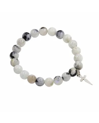 Rainbow Moonstone Beads Bracelet - 925 Silver Handmade Cross Charm