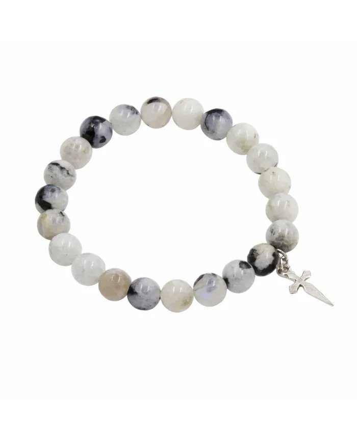 Rainbow Moonstone Beads Bracelet - 925 Silver Handmade Cross Charm