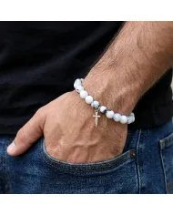 Rainbow Moonstone Beads Bracelet - 925 Silver Handmade Cross Charm