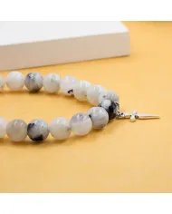 Rainbow Moonstone Beads Bracelet - 925 Silver Handmade Cross Charm