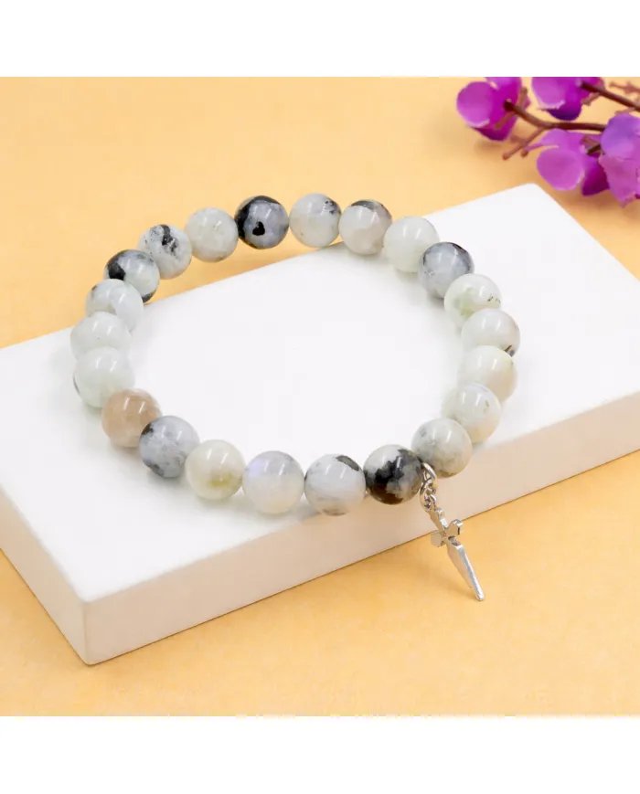 Rainbow Moonstone Beads Bracelet - 925 Silver Handmade Cross Charm
