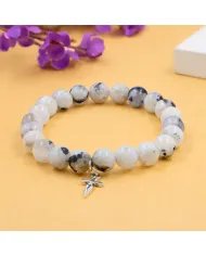 Rainbow Moonstone Beads Bracelet - 925 Silver Handmade Cross Charm