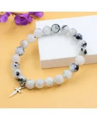 Rainbow Moonstone Beads Bracelet - 925 Silver Handmade Cross Charm