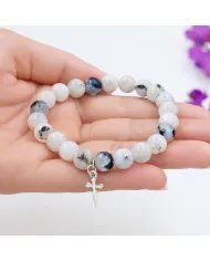 Rainbow Moonstone Beads Bracelet - 925 Silver Handmade Cross Charm