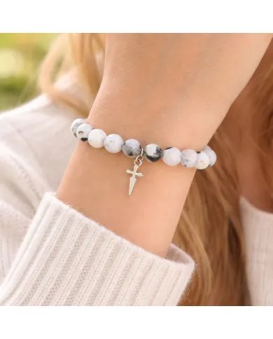 Rainbow Moonstone Beads Bracelet - 925 Silver Handmade Cross Charm