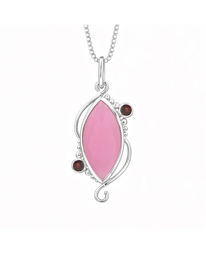 Pink Opal & Garnet Pendant - 925 Sterling Silver Vintage Jewelry