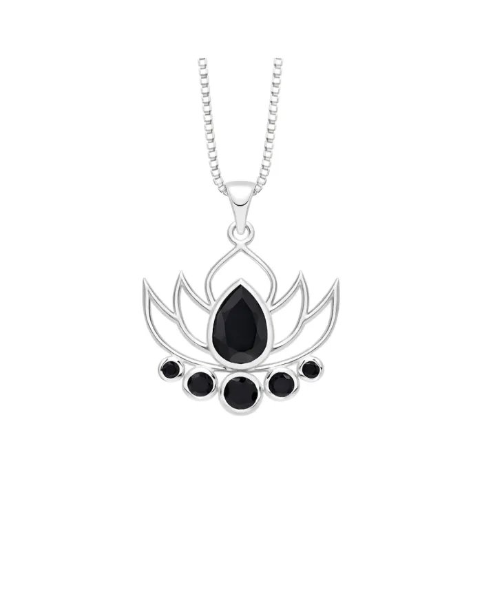 Black Onyx Lotus Charm Pendant – Handcrafted 925 Sterling Silver Jewelry